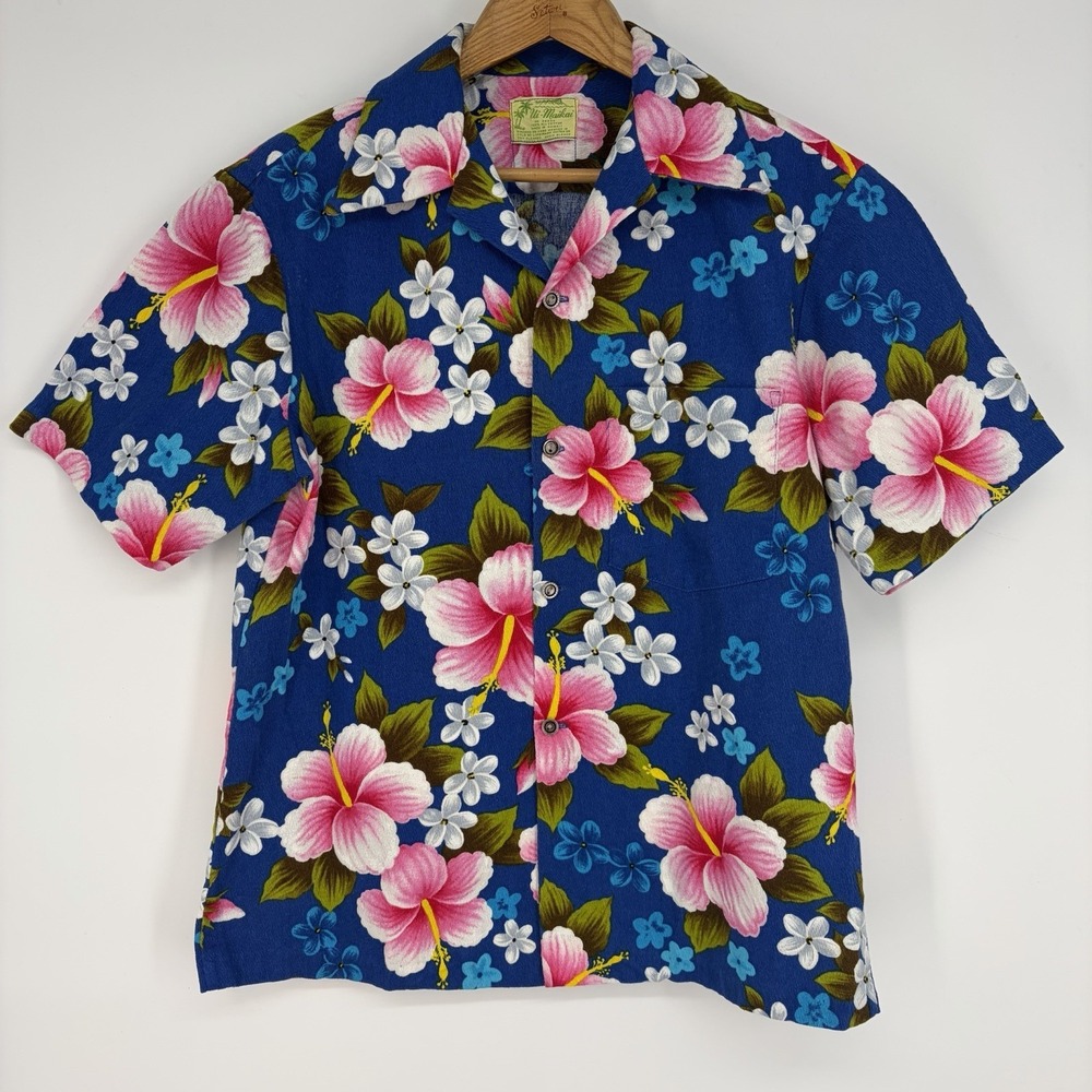 Vtg Ui-Maikai Barkcloth Hawaiian Shirt S M (?) Blue Pink Flower Island Tropical